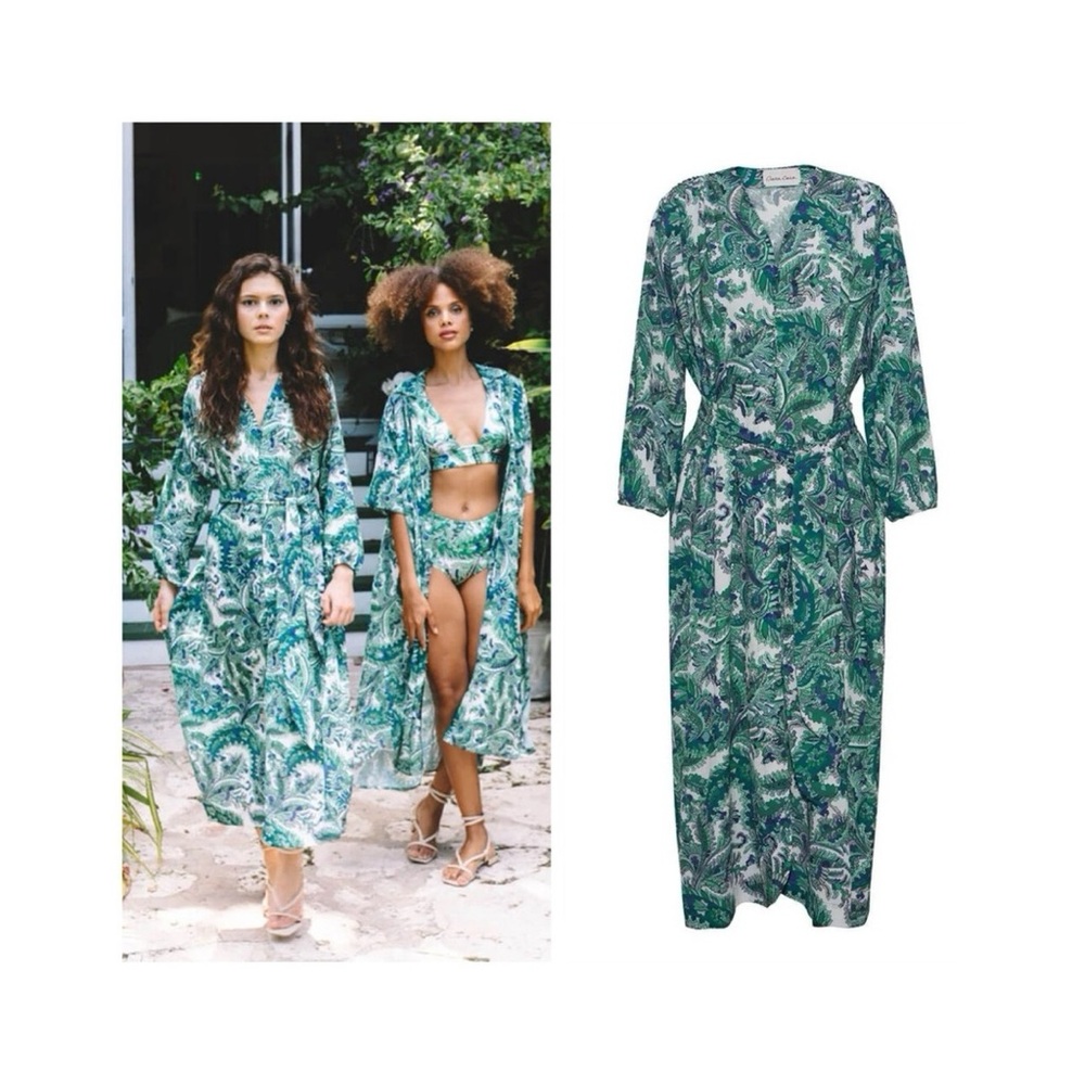 Cara Cara Paris Midi Dress (Sz XS/S) Long Sleeve Tie Waist Scroll Paisley Green